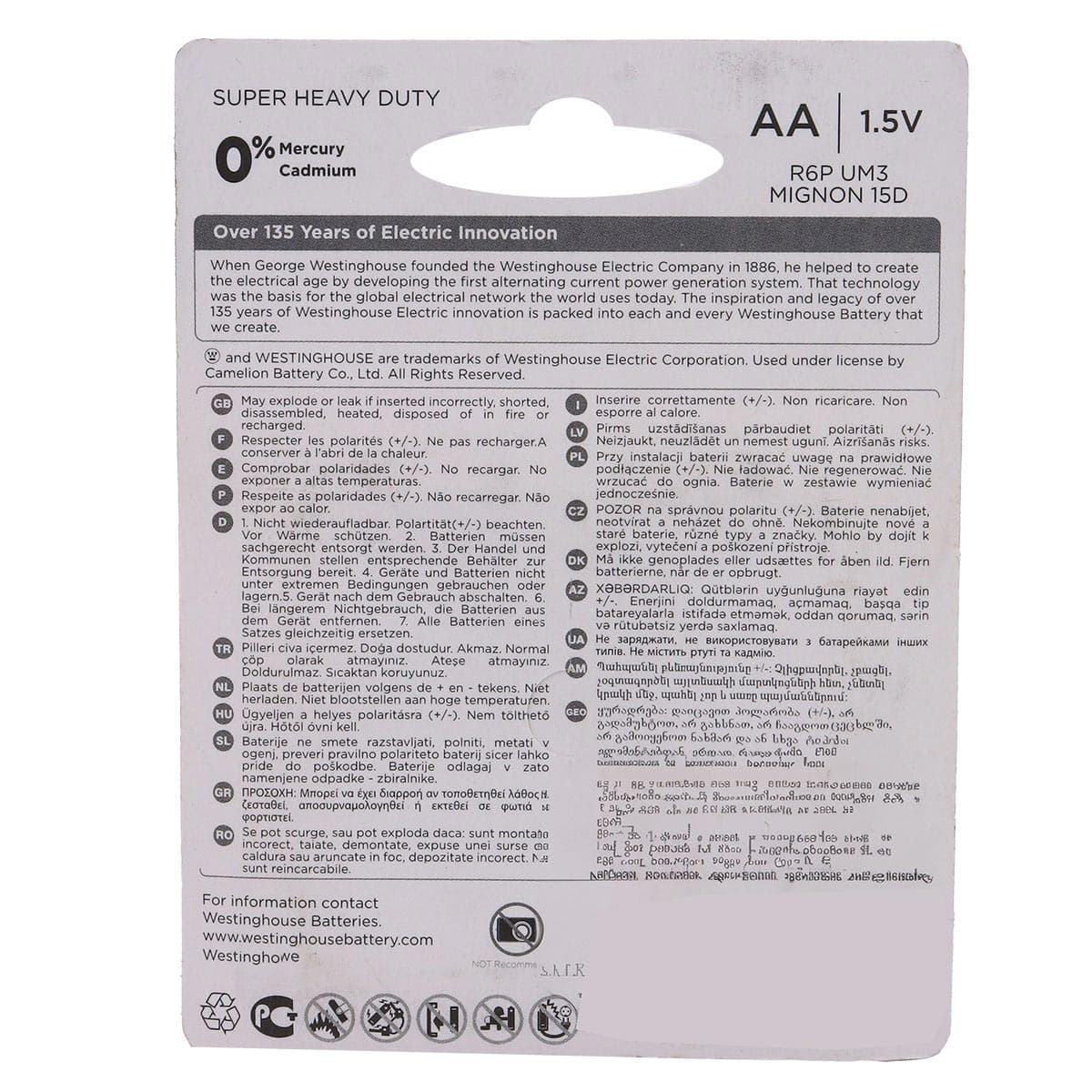 Westinghouse Super Heavy Duty Aa Battery 1.5V 4 Pieces Pack R6P-BP4V