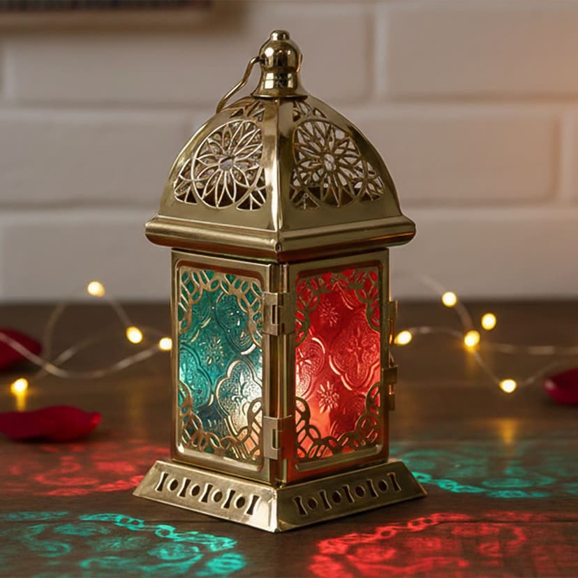 Metal Lantern with Colored Glass Panels