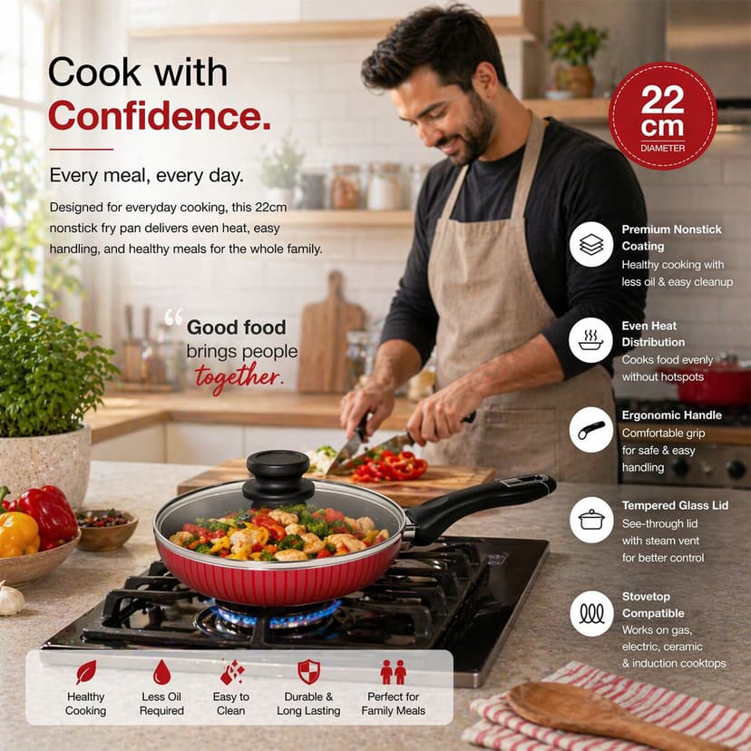 Non Stick Fry Pan with Cover 22cm