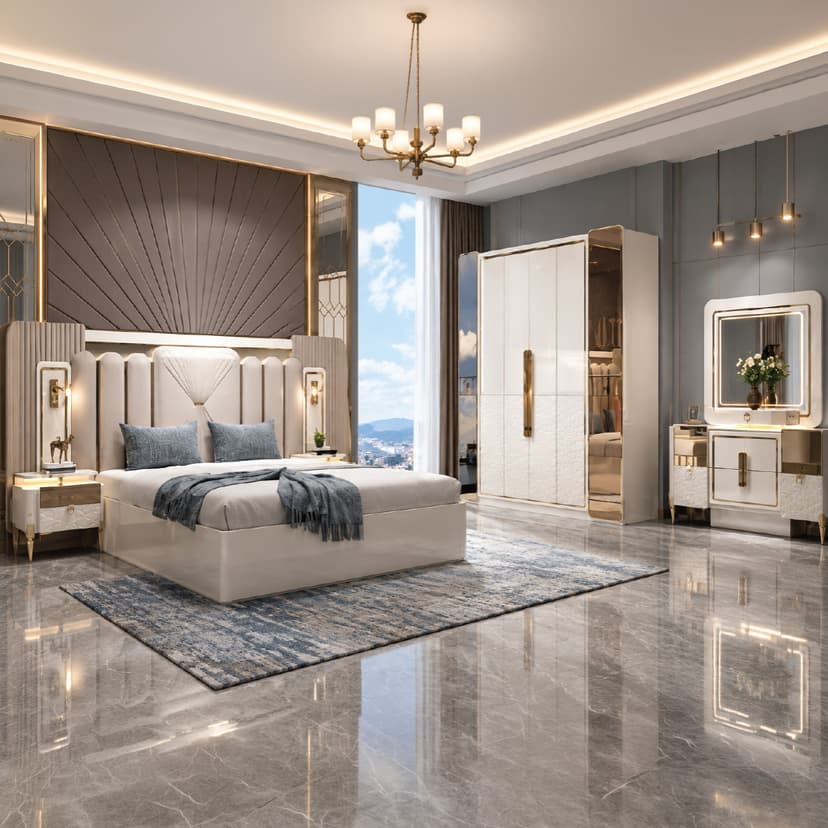 King Bedroom Set with 180x200cm Bed, 6-Door Wardrobe, 2 Nightstands & Dressing Table