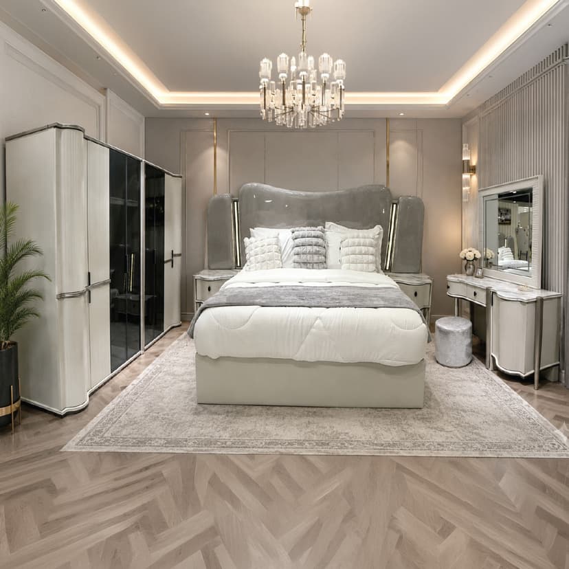 Modern Bedroom Set (1 King Size Bed, 6 Doors Wardrobe, 2 Night Stand, 1 Dressing Table)
