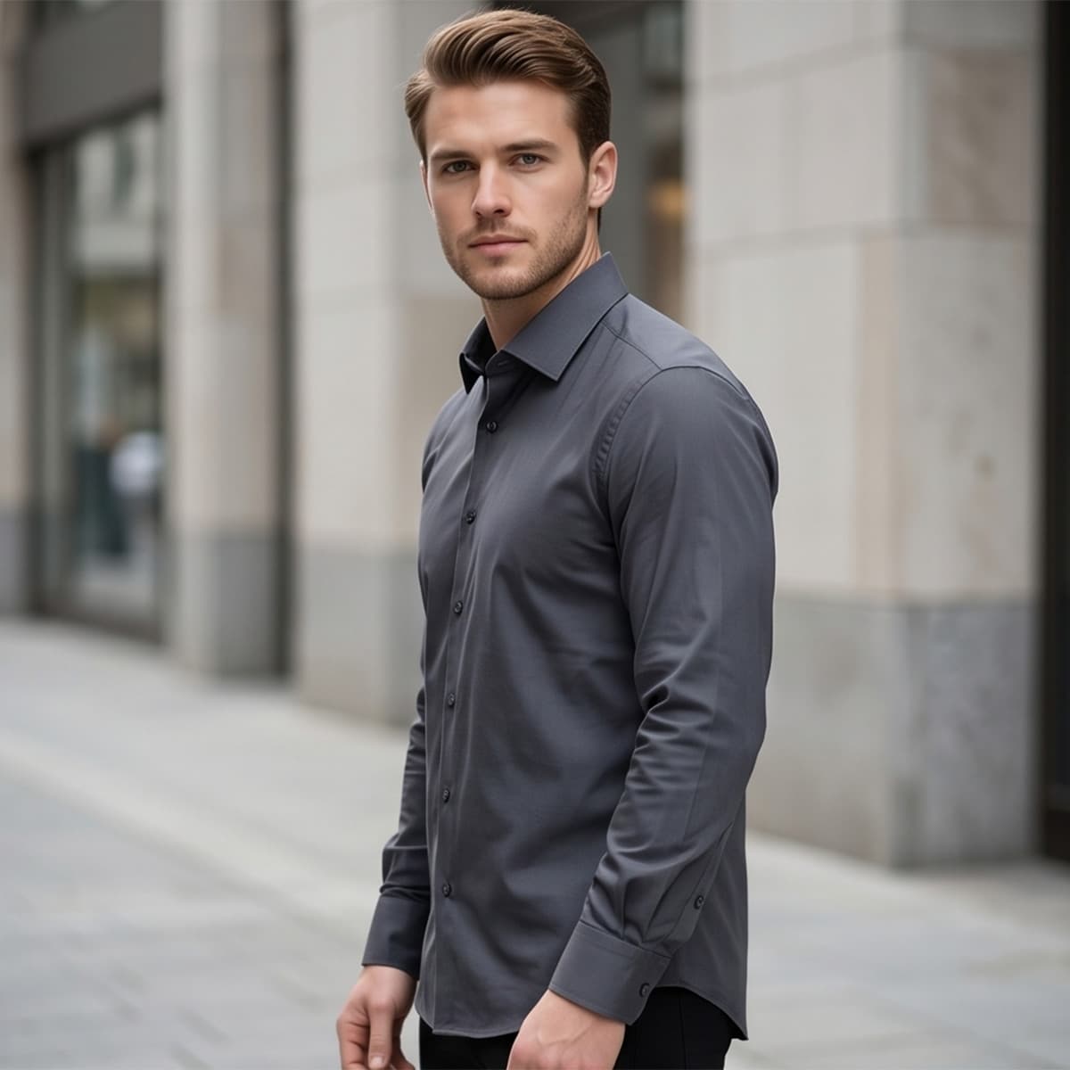 Men Regular Formal Shirt Grey Long Sleeve