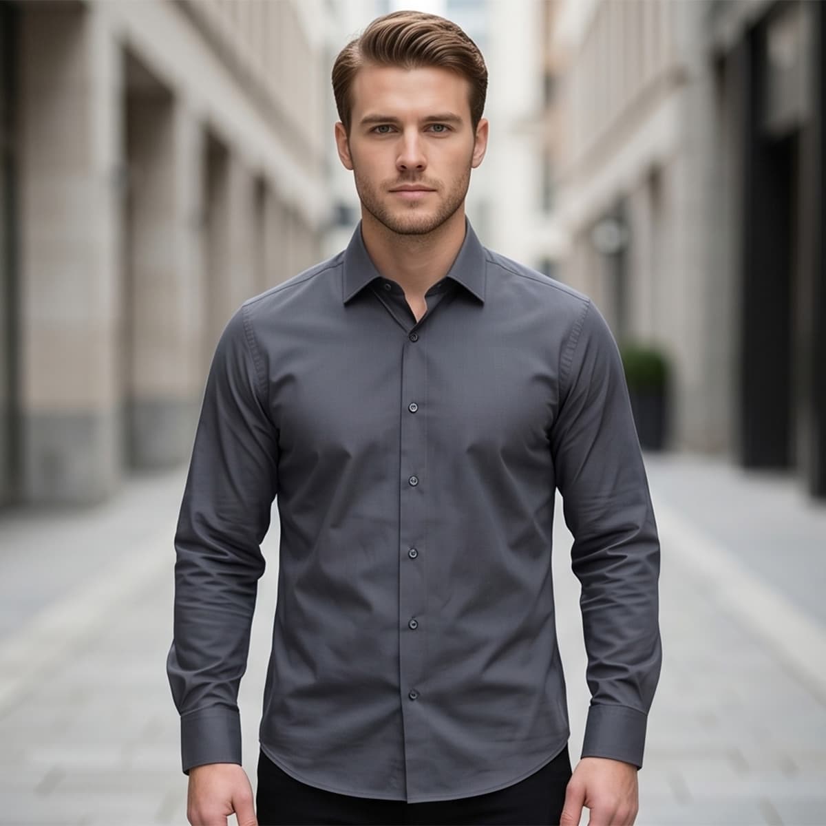 Men Regular Formal Shirt Grey Long Sleeve